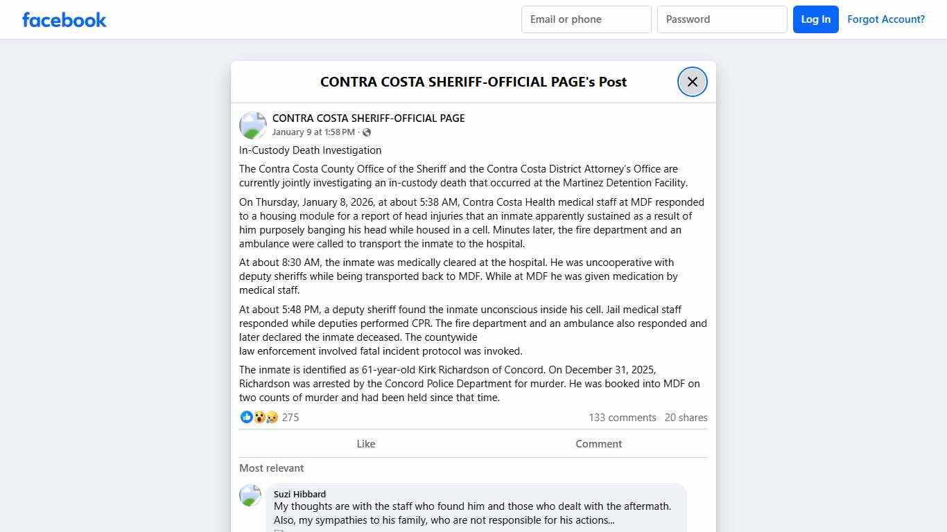In-Custody Death... - CONTRA COSTA SHERIFF-OFFICIAL PAGE Facebook